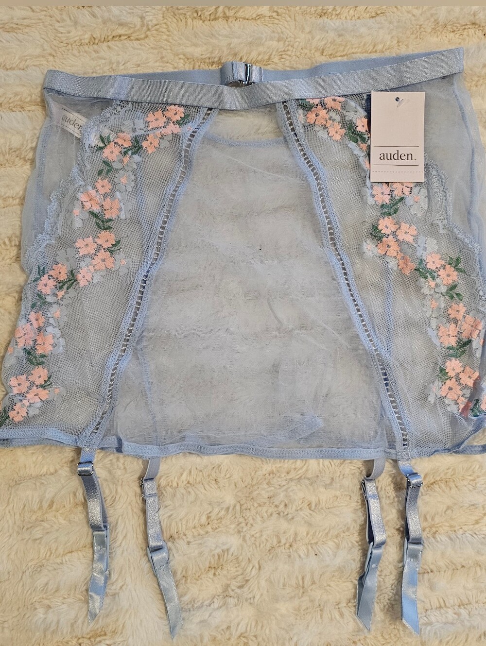 Auden Pale Blue Sheer Mesh Garter Skirt with Pink Floral Embroidery